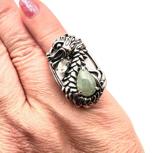 Jade of Yesteryear Womens Ring Sterling Silver Green Jade Dragon Size 6.5 - Picture 3 of 7